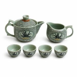 VNTG Asian Jian Zhan Kiln Pottery Miniature Celadon Floral Ceremonial Tea Set